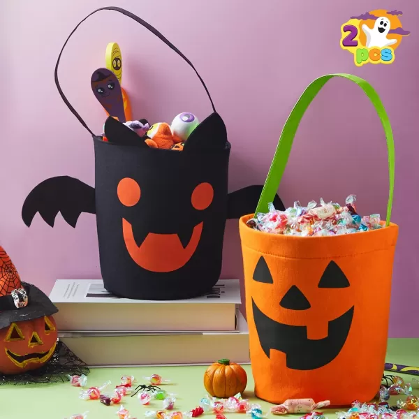 imageJOYIN 2 PCS Halloween Trick or Treat Bags 6 X 9 Orange Pumpkin Candy Bucket for Trick or Treating Black Reusable Bat Goody Tote Bucket Portable Felt Baskets for Kids Halloween Party Favor Supplies