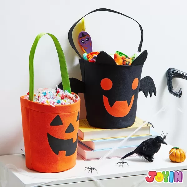 imageJOYIN 2 PCS Halloween Trick or Treat Bags 6 X 9 Orange Pumpkin Candy Bucket for Trick or Treating Black Reusable Bat Goody Tote Bucket Portable Felt Baskets for Kids Halloween Party Favor Supplies