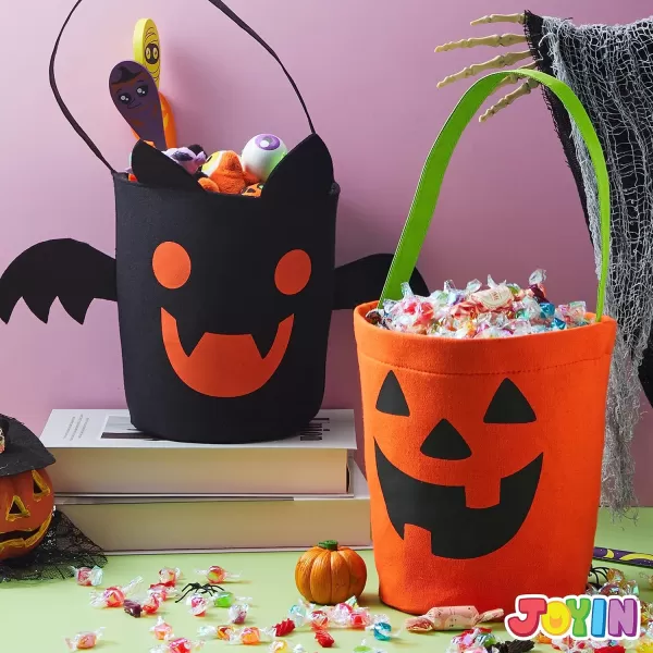 imageJOYIN 2 PCS Halloween Trick or Treat Bags 6 X 9 Orange Pumpkin Candy Bucket for Trick or Treating Black Reusable Bat Goody Tote Bucket Portable Felt Baskets for Kids Halloween Party Favor Supplies
