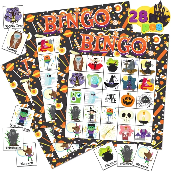 imageJOYIN 28 Players Halloween Bingo Cards Set Halloween Bingo Game for School Classroom Family Group Activities Halloween Party Supplies Adults Kids Indoor Board Games