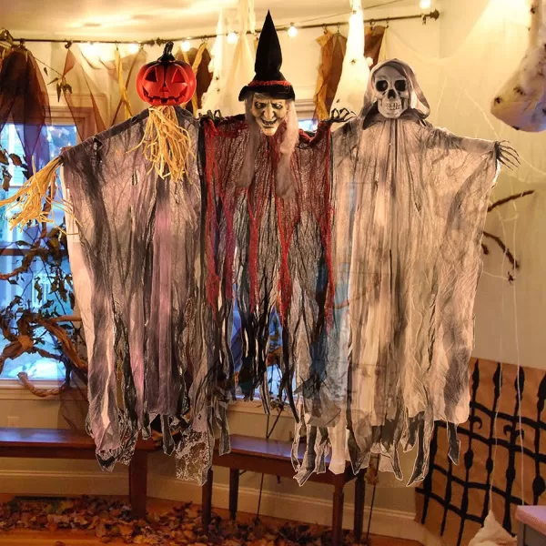 imageJOYIN 3 Pack 35 Hanging Ghosts Witch Pumpkin Decor Hanging Halloween Decorations Outdoor Halloween Decor Scary Flying Witch Grim Reapers Haunted House Front Porch Decor Yard Garden Lawn Party