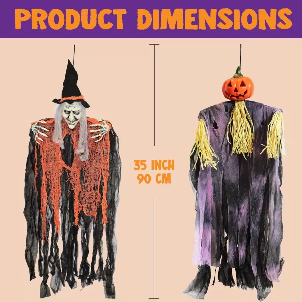 imageJOYIN 3 Pack 35 Hanging Ghosts Witch Pumpkin Decor Hanging Halloween Decorations Outdoor Halloween Decor Scary Flying Witch Grim Reapers Haunted House Front Porch Decor Yard Garden Lawn Party