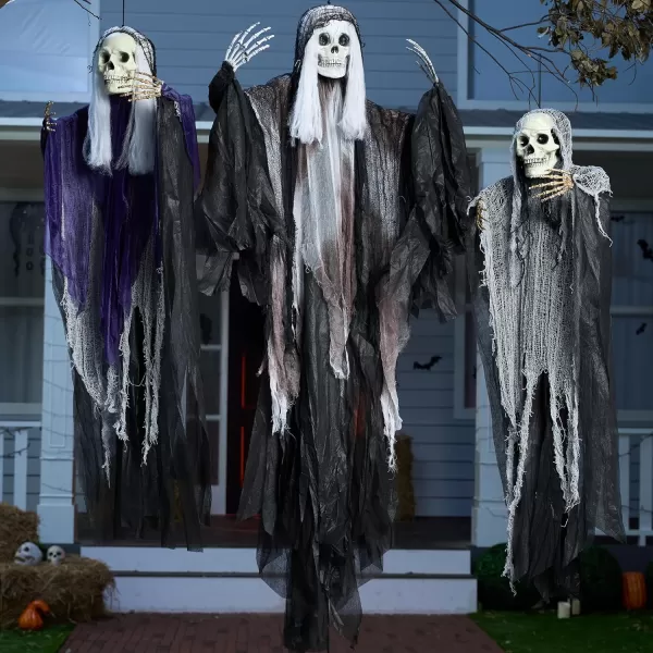 imageJOYIN 3 Pcs Halloween Hanging Grim Reapers Purple and Grary 47 Gray Gradient 63 Halloween Skeleton Flying Ghost for Halloween Outdoor Decoration Haunted Haunted House PropParty Decor