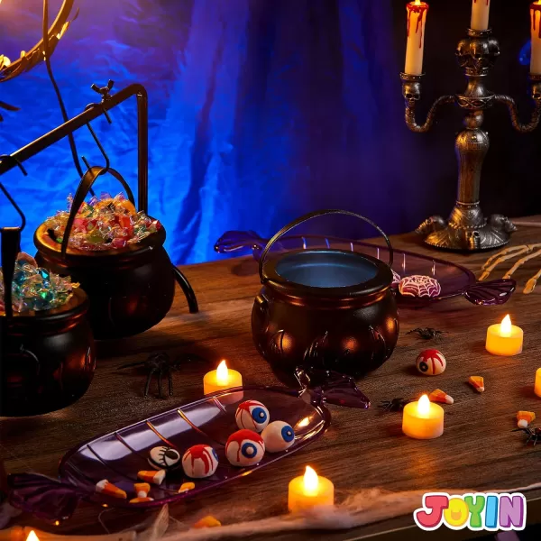imageJOYIN 3 Witches Cauldron Serving Bowls 2 Purple Candy Discs a Black Metal Shelf with 3 Hooks 6 PCS Halloween Party Decoration Set Black Plastic Candy Bucket Cauldron Bowls