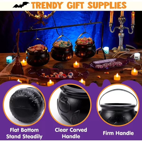 imageJOYIN 3 Witches Cauldron Serving Bowls 2 Purple Candy Discs a Black Metal Shelf with 3 Hooks 6 PCS Halloween Party Decoration Set Black Plastic Candy Bucket Cauldron Bowls