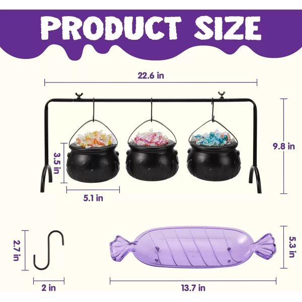imageJOYIN 3 Witches Cauldron Serving Bowls 2 Purple Candy Discs a Black Metal Shelf with 3 Hooks 6 PCS Halloween Party Decoration Set Black Plastic Candy Bucket Cauldron Bowls