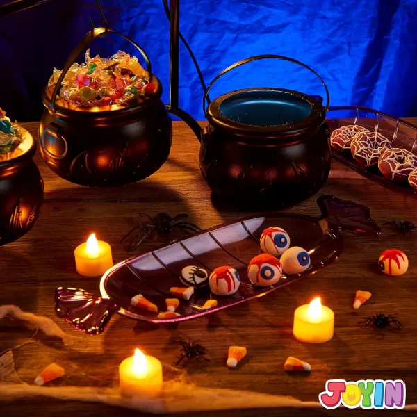 imageJOYIN 3 Witches Cauldron Serving Bowls 2 Purple Candy Discs a Black Metal Shelf with 3 Hooks 6 PCS Halloween Party Decoration Set Black Plastic Candy Bucket Cauldron Bowls
