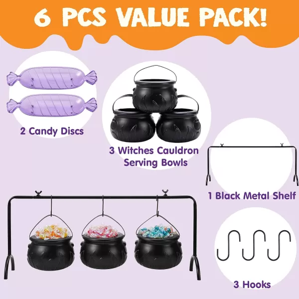 imageJOYIN 3 Witches Cauldron Serving Bowls 2 Purple Candy Discs a Black Metal Shelf with 3 Hooks 6 PCS Halloween Party Decoration Set Black Plastic Candy Bucket Cauldron Bowls