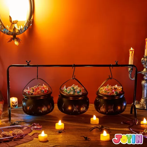 imageJOYIN 3 Witches Cauldron Serving Bowls 2 Purple Candy Discs a Black Metal Shelf with 3 Hooks 6 PCS Halloween Party Decoration Set Black Plastic Candy Bucket Cauldron Bowls