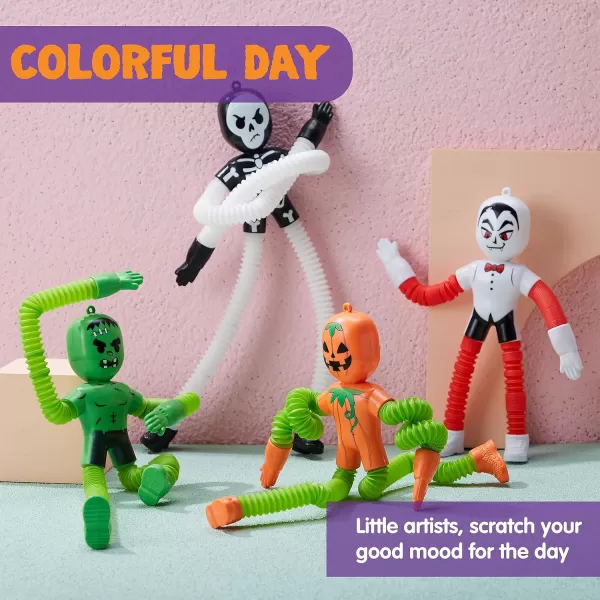 imageJOYIN 4 PCS Halloween Sensory Stretchy Fidget Toys Stress Relief Telescopic Pop Tube Toys Halloween Party Favors Children Gift Frankenstein Pumpkin Skeleton Vampire Kids Autisms