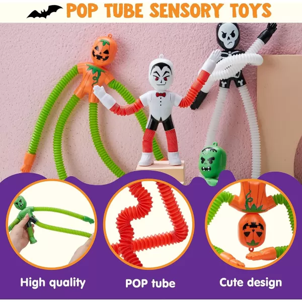 imageJOYIN 4 PCS Halloween Sensory Stretchy Fidget Toys Stress Relief Telescopic Pop Tube Toys Halloween Party Favors Children Gift Frankenstein Pumpkin Skeleton Vampire Kids Autisms