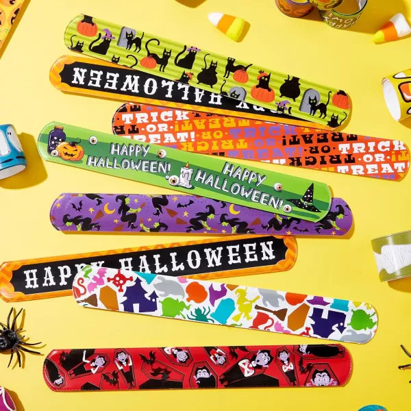 imageJOYIN 48 PCS Halloween Slap Bracelets for Kids Halloween Party Favors Friendship Bracelets Bulk Girls Boys Gifts Trick or Treats Party Decorations Snap Bracelet Classroom Exchange Prizes