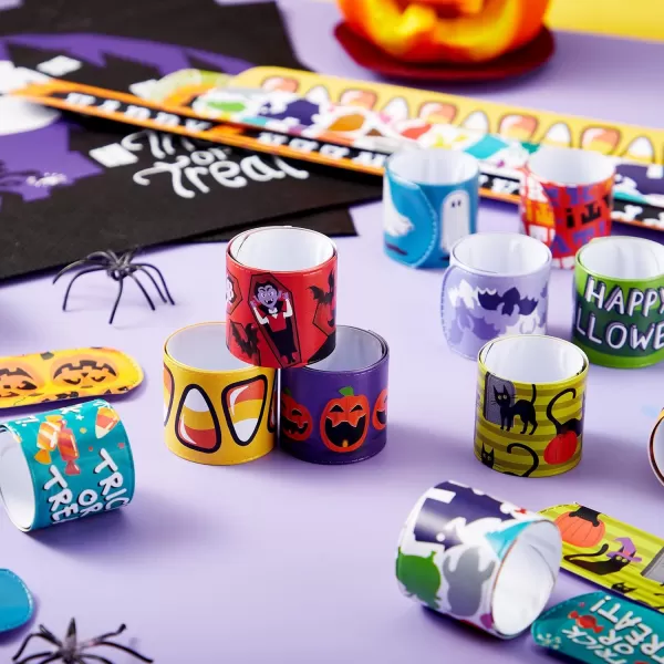 imageJOYIN 48 PCS Halloween Slap Bracelets for Kids Halloween Party Favors Friendship Bracelets Bulk Girls Boys Gifts Trick or Treats Party Decorations Snap Bracelet Classroom Exchange Prizes