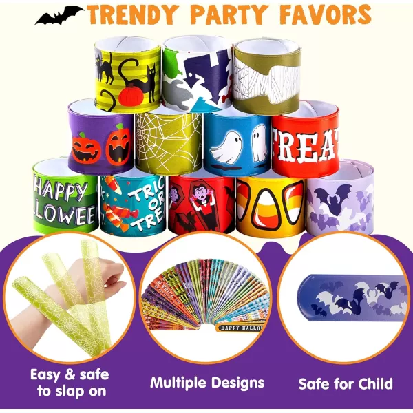 imageJOYIN 48 PCS Halloween Slap Bracelets for Kids Halloween Party Favors Friendship Bracelets Bulk Girls Boys Gifts Trick or Treats Party Decorations Snap Bracelet Classroom Exchange Prizes