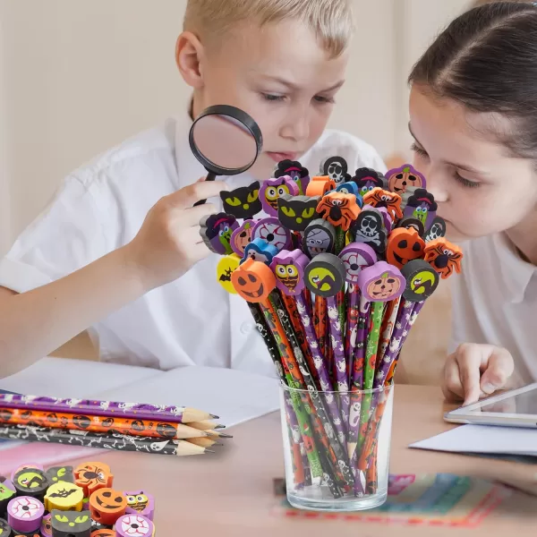 imageJOYIN 48PCS Halloween Pencils with Erasers Stationery Set 48 Colorful Pencils Assortment for Kids in 6 Designs 48 Giant Erasers in 12 Style Halloween Party Favor Supplies Classroom Prizes Gifts