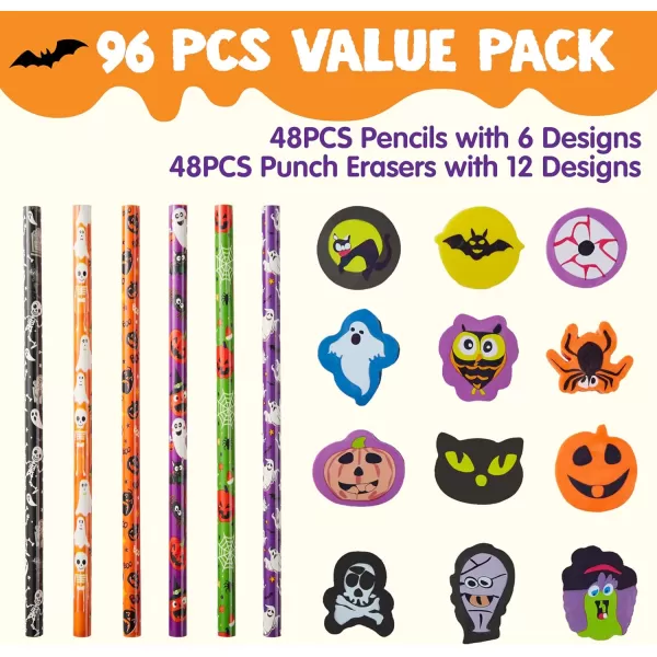 imageJOYIN 48PCS Halloween Pencils with Erasers Stationery Set 48 Colorful Pencils Assortment for Kids in 6 Designs 48 Giant Erasers in 12 Style Halloween Party Favor Supplies Classroom Prizes Gifts