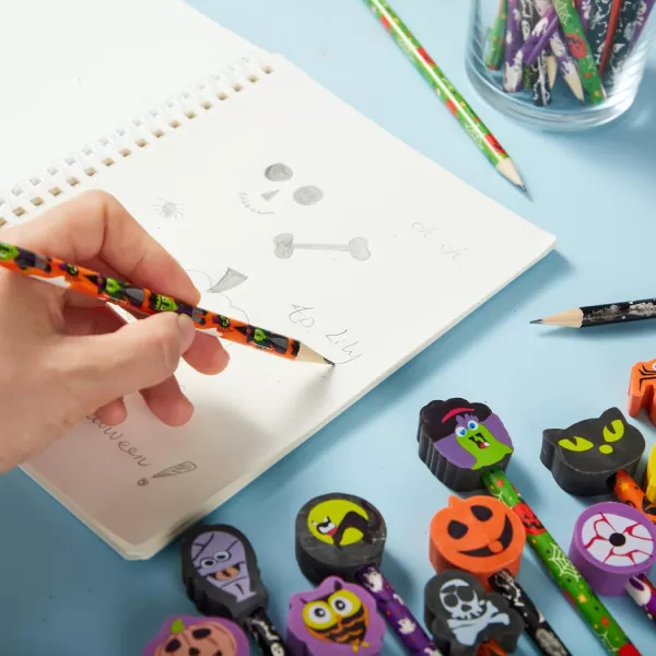 imageJOYIN 48PCS Halloween Pencils with Erasers Stationery Set 48 Colorful Pencils Assortment for Kids in 6 Designs 48 Giant Erasers in 12 Style Halloween Party Favor Supplies Classroom Prizes Gifts