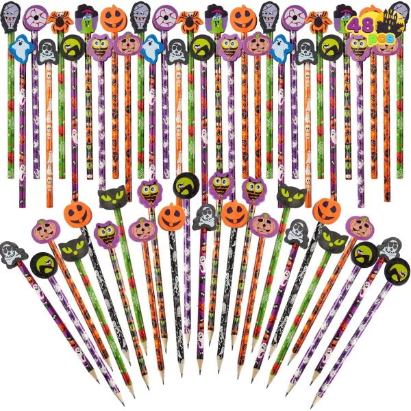 imageJOYIN 48PCS Halloween Pencils with Erasers Stationery Set 48 Colorful Pencils Assortment for Kids in 6 Designs 48 Giant Erasers in 12 Style Halloween Party Favor Supplies Classroom Prizes Gifts