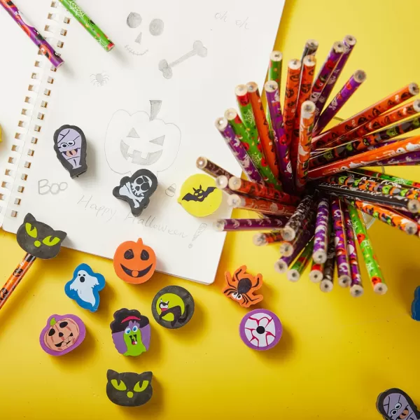 imageJOYIN 48PCS Halloween Pencils with Erasers Stationery Set 48 Colorful Pencils Assortment for Kids in 6 Designs 48 Giant Erasers in 12 Style Halloween Party Favor Supplies Classroom Prizes Gifts
