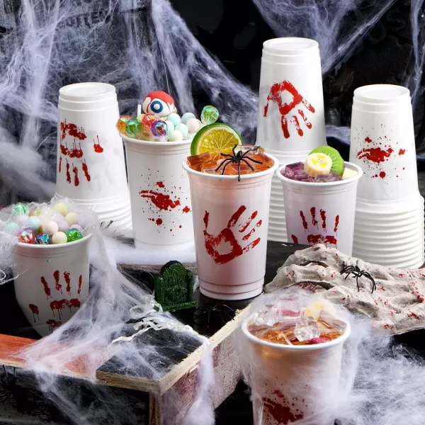 imageJOYIN 50 PCS Halloween Blood Print Cups Disposable 12oz Hand Print Plastic Cups bulk Party Favors for Party Supplies Halloween Cups for Kids Party Decoration Coffee Juice Beverages Drinkware