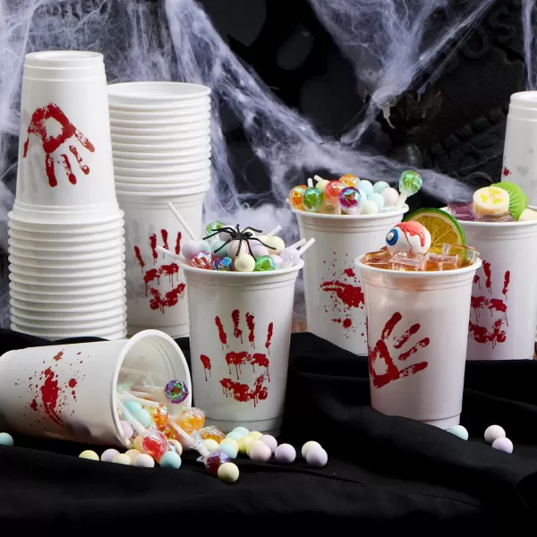 imageJOYIN 50 PCS Halloween Blood Print Cups Disposable 12oz Hand Print Plastic Cups bulk Party Favors for Party Supplies Halloween Cups for Kids Party Decoration Coffee Juice Beverages Drinkware