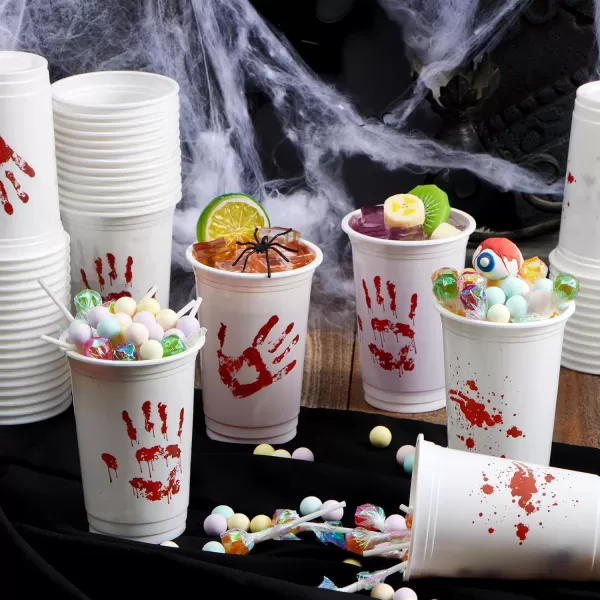 imageJOYIN 50 PCS Halloween Blood Print Cups Disposable 12oz Hand Print Plastic Cups bulk Party Favors for Party Supplies Halloween Cups for Kids Party Decoration Coffee Juice Beverages Drinkware