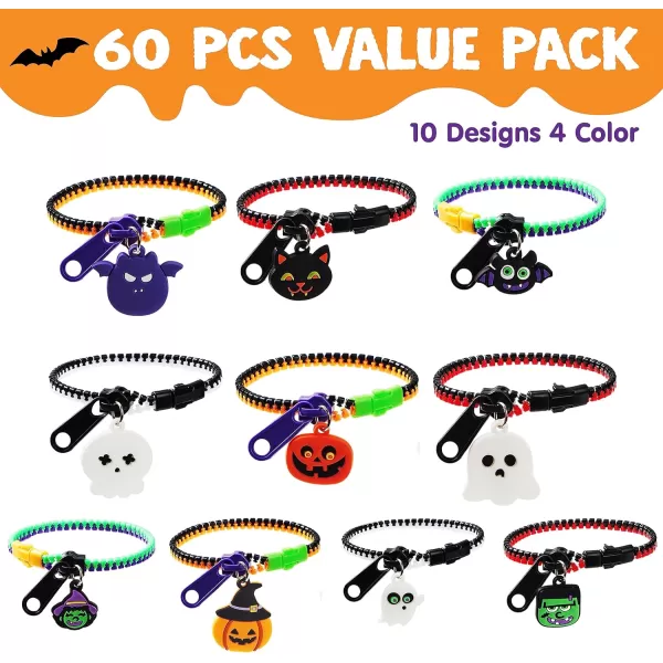 imageJOYIN 60 PCS Halloween Zipper Bracelets Bulk Set Friendship Zipper Wristbands for Kids Gift Halloween Trinkets Halloween Goodie Bag Fillers Classroom Prizes