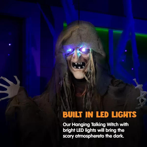 imageJOYIN 63 Hanging Witch Decor Halloween Decorations Outdoor Flying Witch Door Halloween Decor on Broom Sound Activated Led Light Up Eyes Party Supplies Garden Haunted House Front Door Scary Spooky