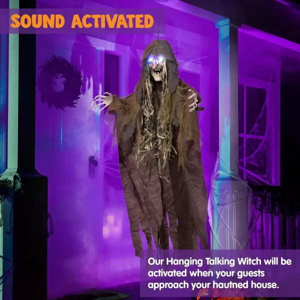 imageJOYIN 63 Hanging Witch Decor Halloween Decorations Outdoor Flying Witch Door Halloween Decor on Broom Sound Activated Led Light Up Eyes Party Supplies Garden Haunted House Front Door Scary Spooky
