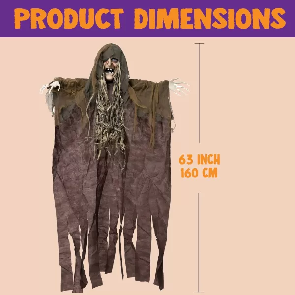 imageJOYIN 63 Hanging Witch Decor Halloween Decorations Outdoor Flying Witch Door Halloween Decor on Broom Sound Activated Led Light Up Eyes Party Supplies Garden Haunted House Front Door Scary Spooky