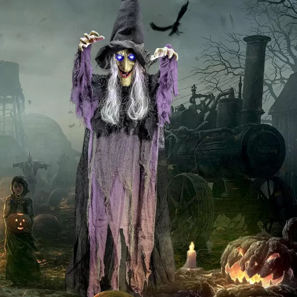 imageJOYIN 72 Halloween Hanging Flying Witch Animatronic Purple Talking Animated Witch Light Up Eyes Sound Activated Halloween Decorations Outside Indoor Animatronics Haunted HouseDark Purple