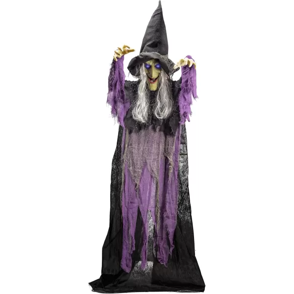 imageJOYIN 72 Halloween Hanging Flying Witch Animatronic Purple Talking Animated Witch Light Up Eyes Sound Activated Halloween Decorations Outside Indoor Animatronics Haunted HouseDark Purple