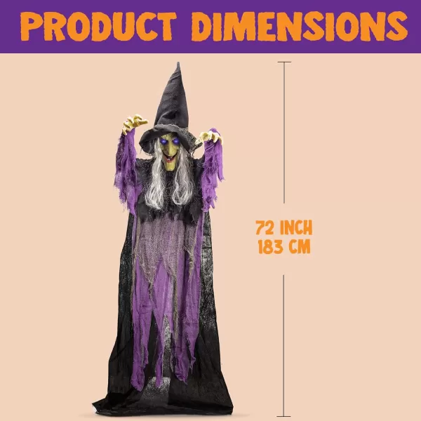 imageJOYIN 72 Halloween Hanging Flying Witch Animatronic Purple Talking Animated Witch Light Up Eyes Sound Activated Halloween Decorations Outside Indoor Animatronics Haunted HouseDark Purple