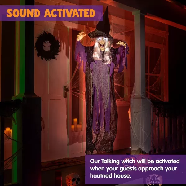 imageJOYIN 72 Halloween Hanging Flying Witch Animatronic Purple Talking Animated Witch Light Up Eyes Sound Activated Halloween Decorations Outside Indoor Animatronics Haunted HouseDark Purple