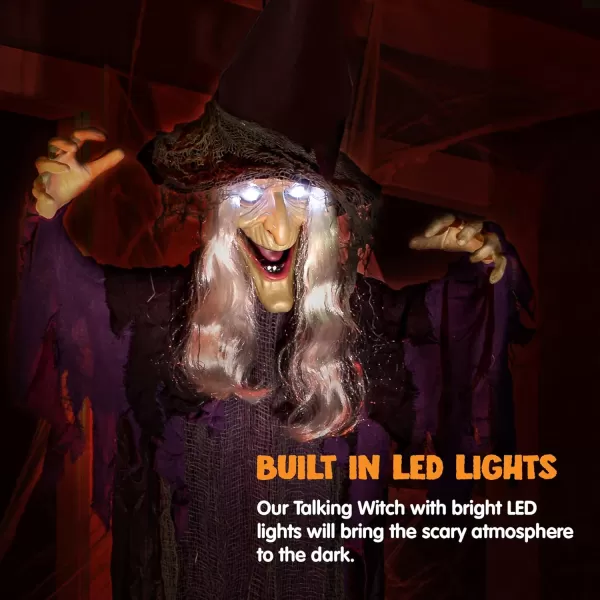 imageJOYIN 72 Halloween Hanging Flying Witch Animatronic Purple Talking Animated Witch Light Up Eyes Sound Activated Halloween Decorations Outside Indoor Animatronics Haunted HouseDark Purple
