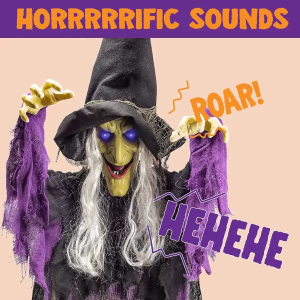 imageJOYIN 72 Halloween Hanging Flying Witch Animatronic Purple Talking Animated Witch Light Up Eyes Sound Activated Halloween Decorations Outside Indoor Animatronics Haunted HouseDark Purple