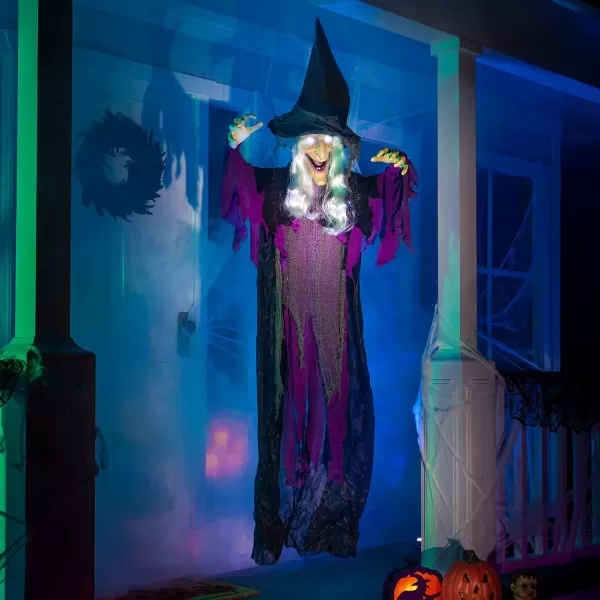 imageJOYIN 72 Halloween Hanging Flying Witch Animatronic Purple Talking Animated Witch Light Up Eyes Sound Activated Halloween Decorations Outside Indoor Animatronics Haunted HouseDark Purple