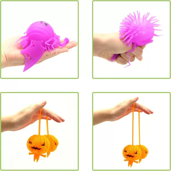 imageJOYIN 9 PCS Halloween LED Stress Relief Puffer Balls Light Up Squeeze Squishy Toys for Kids Glow in The Dark Ghost Pumpkin Monster Spider Puffer Toys Halloween Party Favor Goody Bag Fillers