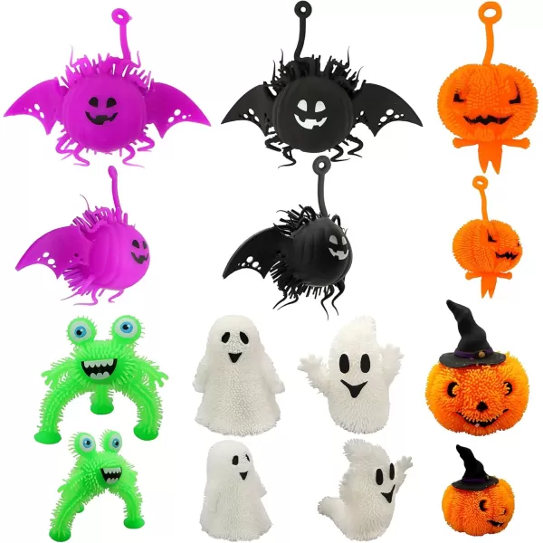 imageJOYIN 9 PCS Halloween LED Stress Relief Puffer Balls Light Up Squeeze Squishy Toys for Kids Glow in The Dark Ghost Pumpkin Monster Spider Puffer Toys Halloween Party Favor Goody Bag Fillers