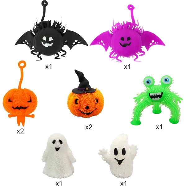 imageJOYIN 9 PCS Halloween LED Stress Relief Puffer Balls Light Up Squeeze Squishy Toys for Kids Glow in The Dark Ghost Pumpkin Monster Spider Puffer Toys Halloween Party Favor Goody Bag Fillers