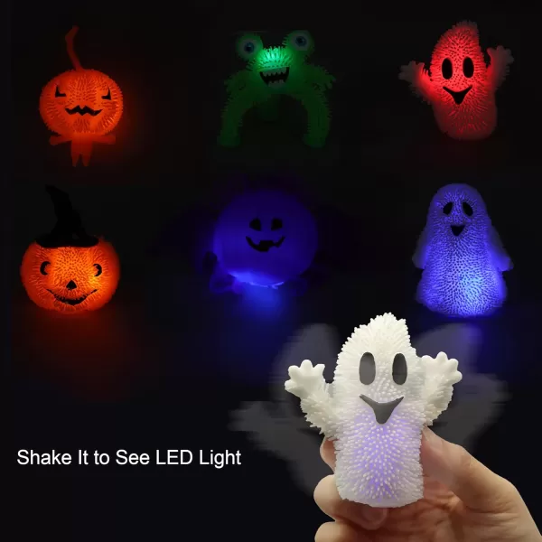imageJOYIN 9 PCS Halloween LED Stress Relief Puffer Balls Light Up Squeeze Squishy Toys for Kids Glow in The Dark Ghost Pumpkin Monster Spider Puffer Toys Halloween Party Favor Goody Bag Fillers