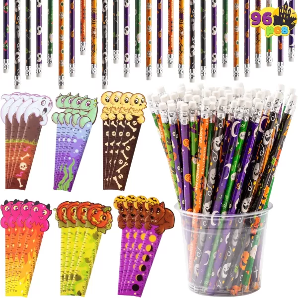 imageJOYIN 96 Pcs Halloween Pencils and Rulers Stationery Set Included 48Pcs Assorted Pencils with 12 Designs 48Pcs Halloween Bookmarks Bulk with 6 Patterns for Halloween Party Favors Supplies