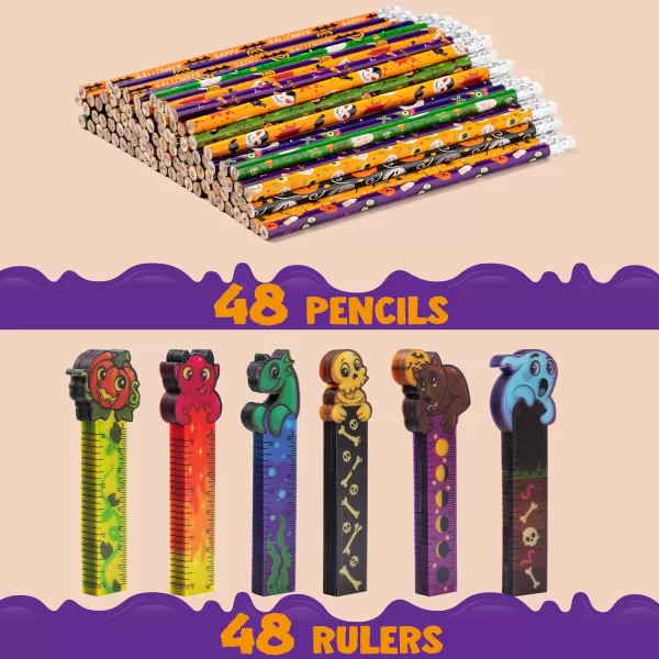 imageJOYIN 96 Pcs Halloween Pencils and Rulers Stationery Set Included 48Pcs Assorted Pencils with 12 Designs 48Pcs Halloween Bookmarks Bulk with 6 Patterns for Halloween Party Favors Supplies