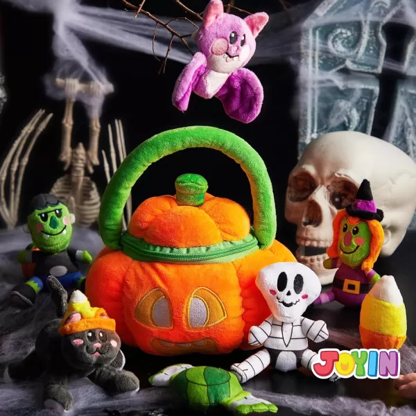 imageJOYIN Babys Pumpkin Halloween Playset with 8 Fun Play Pieces Plush Goodie Bags StuffersFillers Halloween Party Decoration Prizes and Gifts for Infants Boys and GirlsHappy Pumpkin