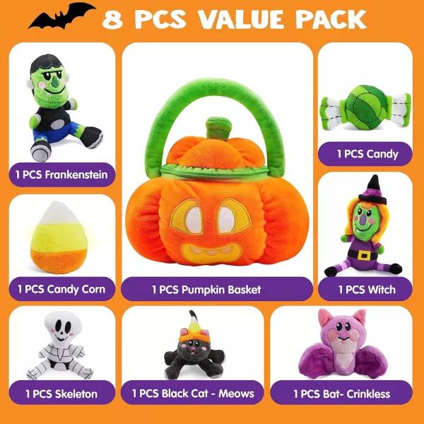 imageJOYIN Babys Pumpkin Halloween Playset with 8 Fun Play Pieces Plush Goodie Bags StuffersFillers Halloween Party Decoration Prizes and Gifts for Infants Boys and GirlsHappy Pumpkin