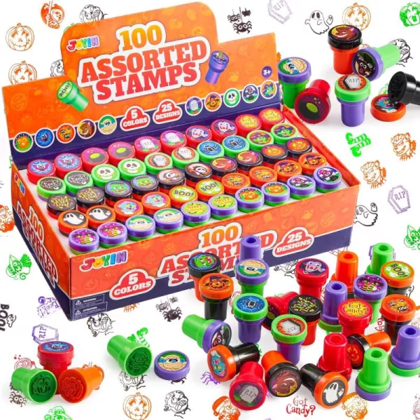 imageJOYIN 100 Pieces Halloween Assorted Stampers Kids SelfInk Stamps 25 Designs 5 Colors Trick or Treat Spooky Stamps for Halloween Party Supplies Goodies Bags Classroom Game Reward Prizes
