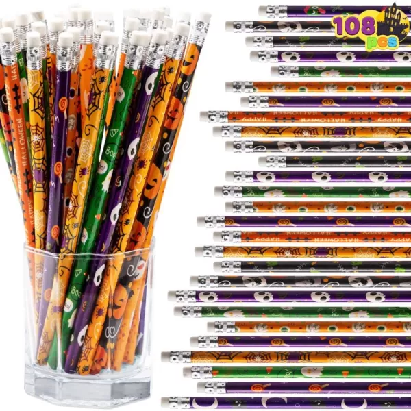 imageJOYIN 108 PCS Halloween Pencil Assortment with Eraser in 12 Design Assorted Colorful Wood Pencils Halloween Themed Stationery Pencil Set for Kids Halloween Party Favor Supplies Halloween Prize