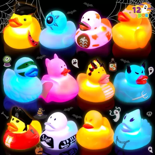 imageJOYIN 12 Pcs Glow Halloween Ducks Bath Toys LED Halloween Rubber Duckies for Kids Gift Glow in The Dark Party Favors Light Up Ducky Bulk Trick or Treats Classroom Prizes Decorations