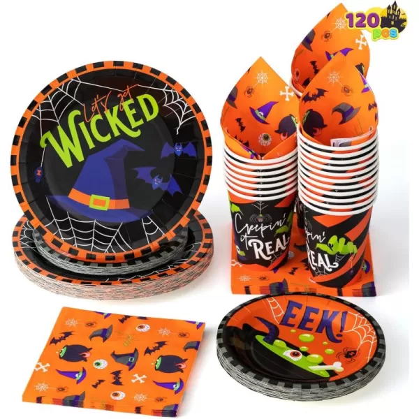imageJOYIN 120 PCS Halloween Party Supplies Set with 30 Pcs Plastic Cups 30 Pcs 9quot Paper Plates 30 Pcs 7quot Plates and 30 Pcs Napkins Serve 30 Halloween Themed Tableware Set Party Decorations