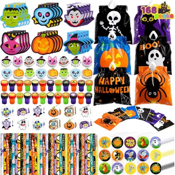 imageJOYIN 168 Pcs 24 Pack Assorted Halloween Art and Craft Stationery Kids Gift Set Trick or Treat Party Favor Toy Including Halloween Bag Notepads Stamps Pencils Stickers and Temporary Tattoos